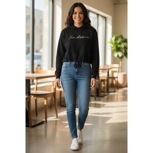True Religion Jet Black Cropped Women’s Sweatshirt Size L Hoodie Outdoor Sports
